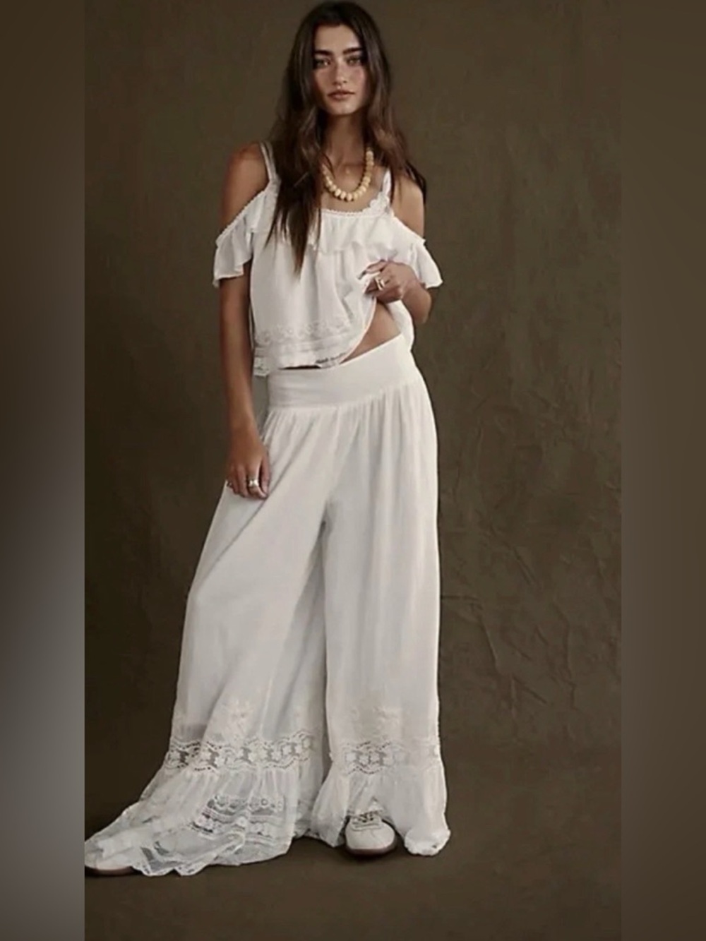 Free People Field Of Roses Wide Leg Pants No Top Lace Floral Embroiderd White